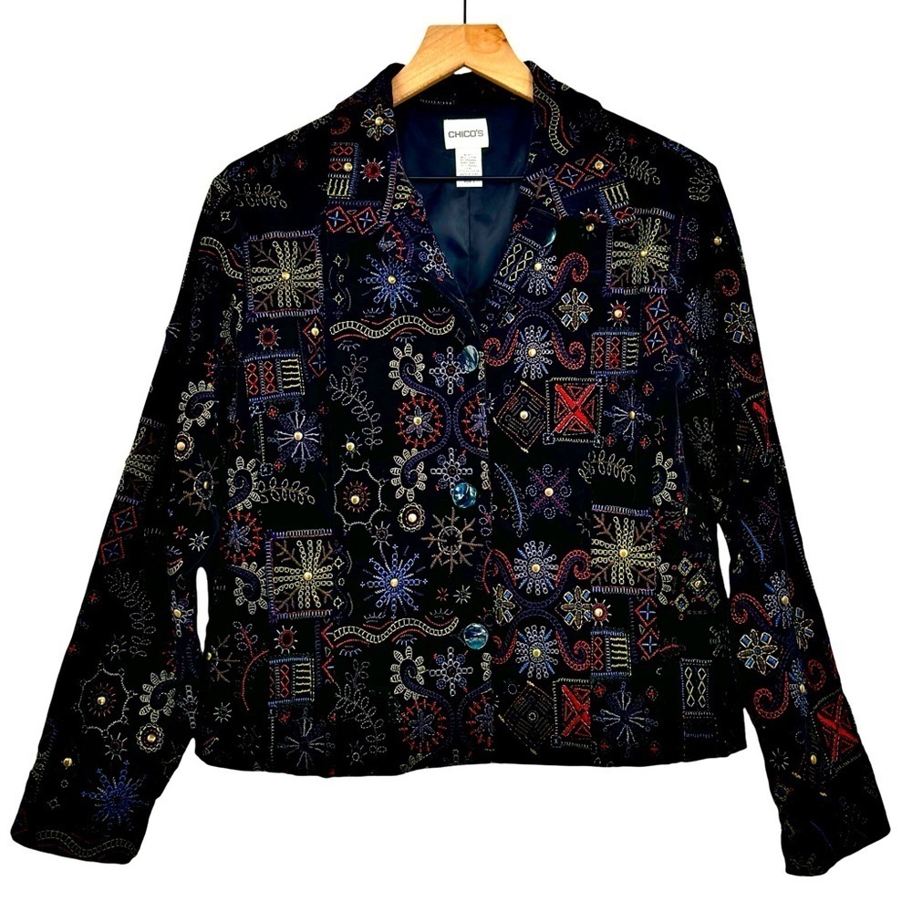 Chico's Statement Jacket Black Velour Colorful Embroidery Studded Boxy | 1 8/10 - Picture 2 of 11